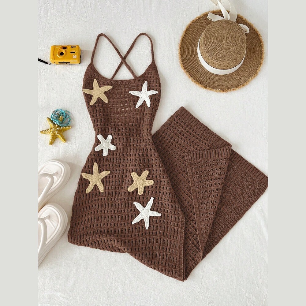 Brown Crochet Knit Starfish Detailed Cross Back Slim Fit Maxi Dress